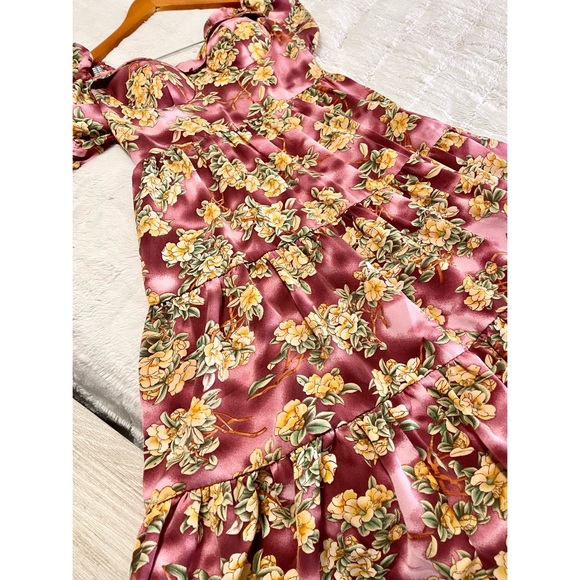 NWT- Fuchsia Floral Print Padded Mango Silk Chiffon Dress - Picture 4 of 6